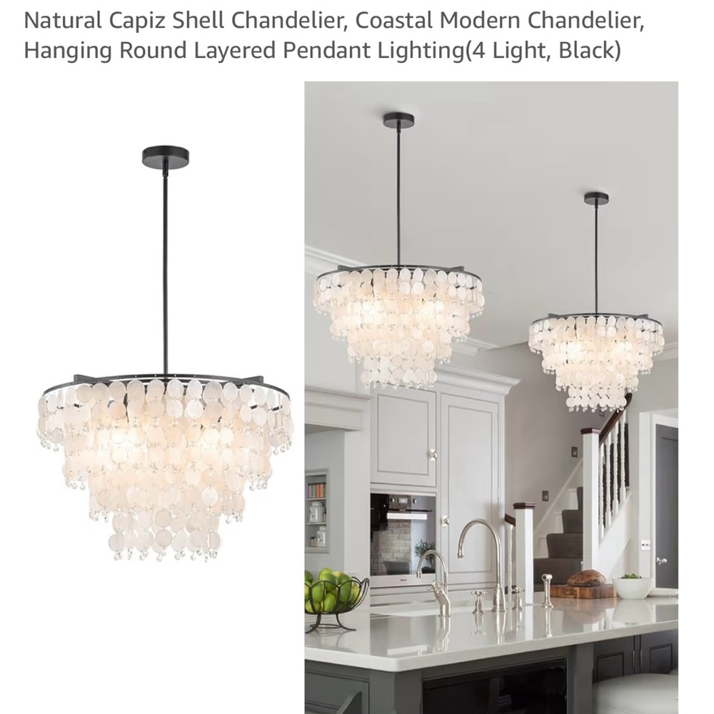 Coastal Modern Black Chandelier with Capiz Shells